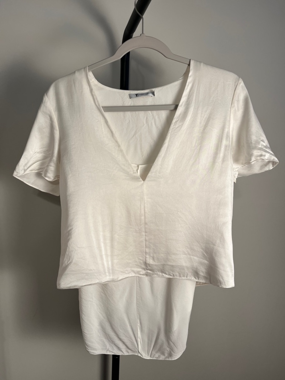 T Alexander Wang Silk V-Neck Layered Blouse White Size 4 Short Sleeve Satin Top